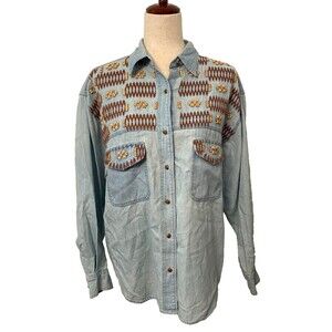CAMBRIDGE COUNTRY Women's 10 100% Cotton Denim Shirt Beaded Embroidered Western